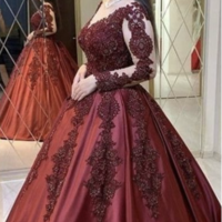 V Neck Burgundy Prom Dresses with Seeves - Thumbnail 1