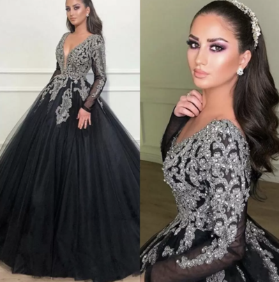 Deep V Neck Prom Dresses with Sleeves