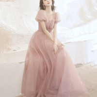Pink tulle long prom dress pink evening gown - Thumbnail 3