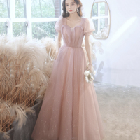 Pink tulle long prom dress pink evening gown - Thumbnail 7