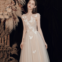 Champagne tulle long prom dress A line evening dress - Thumbnail 3