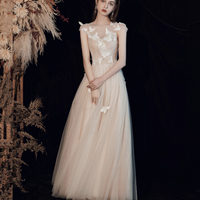 Champagne tulle long prom dress A line evening dress - Thumbnail 1