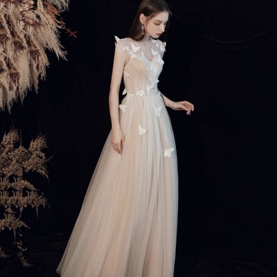 Champagne tulle long prom dress a line evening dress - Thumbnail 2