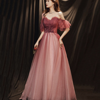 Burgundy tulle long prom dress A line evening gown - Thumbnail 2