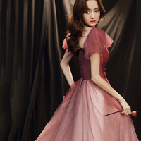 Burgundy tulle long prom dress A line evening gown - Thumbnail 5