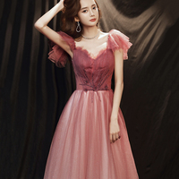 Burgundy tulle long prom dress A line evening gown - Thumbnail 3