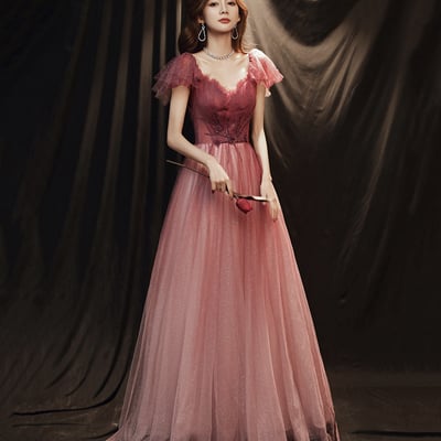 Burgundy tulle long prom dress a line evening gown - Thumbnail 2