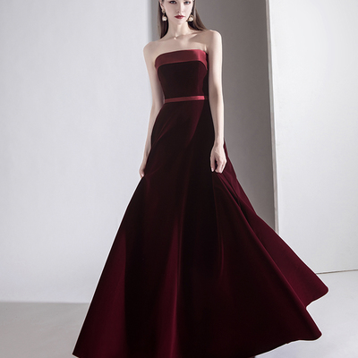 Burgundy velvet long prom dress evening gown - Thumbnail 2