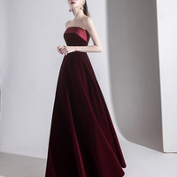 Burgundy velvet long prom dress evening gown - Thumbnail 1