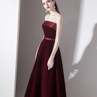 Burgundy velvet long prom dress evening gown - Thumbnail 2