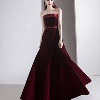 Burgundy velvet long prom dress evening gown - Thumbnail 5