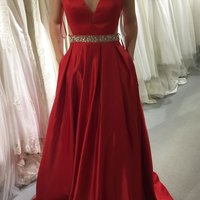 SP1182,Red Prom Dresses A-line V-Neck Satin With Beading Formal Gown - Thumbnail 1