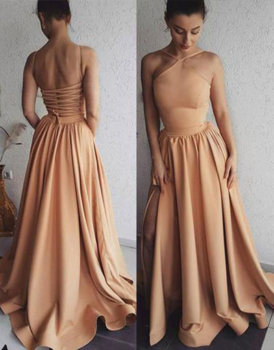 SP1275,A-line Halter Satin Long Prom Evening Dresses with Split