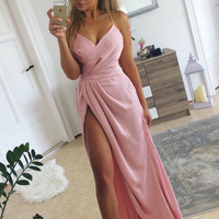 SP1350,Pink Spaghetti Straps Long Prom Dresses V-Neck Evening Gown - Thumbnail 1