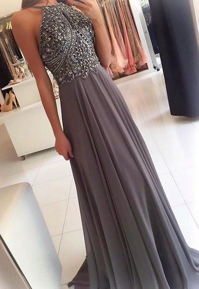SP1396,Halter beaded chiffon prom dress,sleeveless long evening formal gown