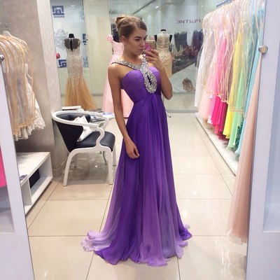 Sp1427,purple chiffon long prom dress halter beaded evening formal gown