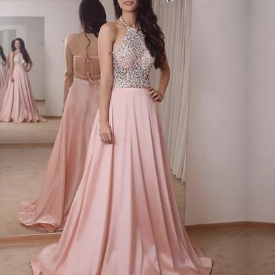 Sp1429,pink evening dresses halter a-line beaded long prom dresses - Thumbnail 5