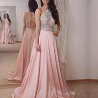 SP1429,Pink Evening Dresses Halter A-Line Beaded Long Prom Dresses - Thumbnail 1