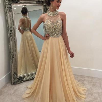 Sp1946,champagne beaded prom dresses chiffon long a-line evening party gown - Thumbnail 5