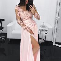 SP1492,Pink Lace Evening Dresses,Long Sleeves Party Dress - Thumbnail 2