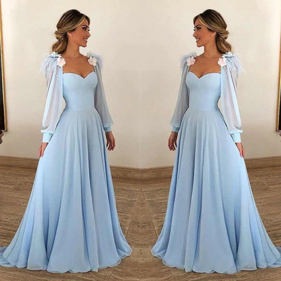 SP1494,Light blue chiffon prom dresses feather long evening party gown