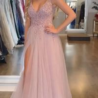 SP1499,Light pink tulle beaded prom dresses side slit long evening dress - Thumbnail 1