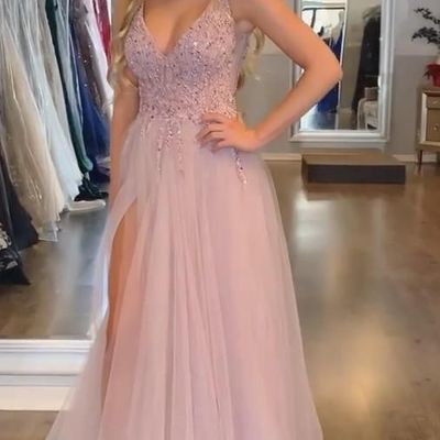 Sp1499,light pink tulle beaded prom dresses side slit long evening dress - Thumbnail 4