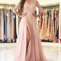 SP1509,Pink Lace Tulle Evening Prom Dresses Long Party Gown - Thumbnail 1