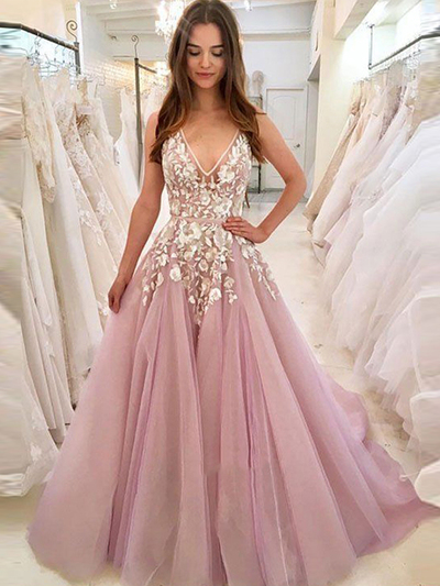 SP1637,Custom Pink Prom Dresses Applique V-Neck Long Evening Ball Gown