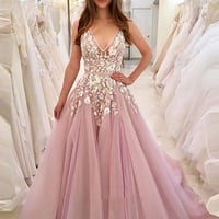 SP1637,Custom Pink Prom Dresses Applique V-Neck Long Evening Ball Gown - Thumbnail 1