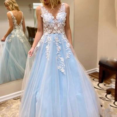 Sp1697,elegant blue v-neck prom dresses tulle applique ball gown - Thumbnail 3