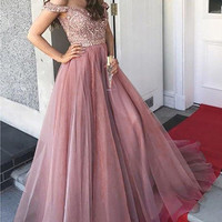 SP1785,Pink off the shoulder beaded ball gown tulle evening party dress - Thumbnail 1