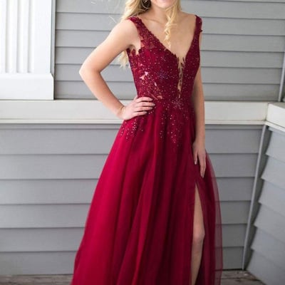 Sp1846,burgundy tulle prom dresses beaded v-neck split party formal gown - Thumbnail 4