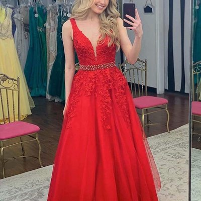 Sp1805,best a line sleeveless v neck floor length long tulle evening dress red prom dress - Thumbnail 3