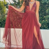 SP1923,Burgundy prom dress sexy prom dresses tulle formal gown - Thumbnail 1