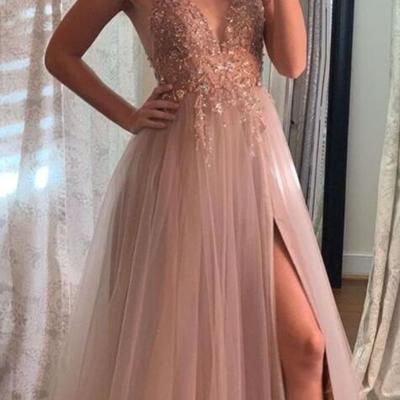A line champagne v-neck beading evening prom dresses with slit - Thumbnail 2