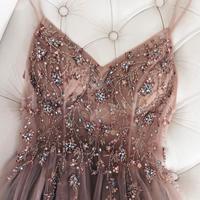 A Line Champagne V-Neck Beading Evening Prom Dresses With Slit - Thumbnail 1