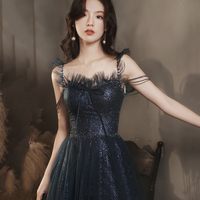 Blue tulle sequins long prom dress blue evening dress - Thumbnail 1