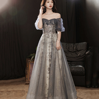 Gray tulle sequins long prom dress gray evening dress - Thumbnail 1