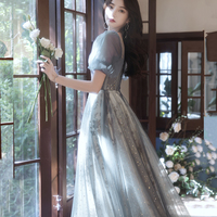 Gray tulle sequins long prom dress gray evening dress - Thumbnail 4