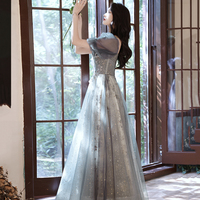 Gray tulle sequins long prom dress gray evening dress - Thumbnail 5