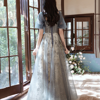 Gray tulle sequins long prom dress gray evening dress - Thumbnail 6