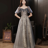 Gray tulle sequins long prom dress gray evening dress - Thumbnail 8