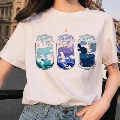 Cute Moon Water Soda Drink Can Print Oversized Short Sleeve Shirt Aesthetic Casual E-Girl Kawaii Korean Japanese Harajuku