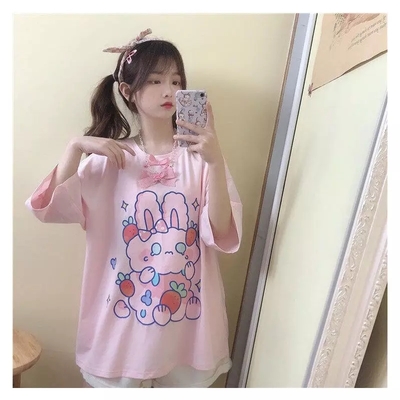 Cute pastel pink sweet rabbit crying strawberry print oversized short sleeve shirt aesthetic casual e-girl kawaii korean japanese harajuku - Thumbnail 3