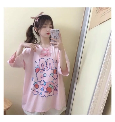 Cute Pastel Pink Sweet Rabbit Crying Strawberry Print Oversized Short Sleeve Shirt Aesthetic Casual E-Girl Kawaii Korean Japanese Harajuku