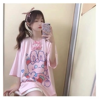 Cute Pastel Pink Sweet Rabbit Crying Strawberry Print Oversized Short Sleeve Shirt Aesthetic Casual E-Girl Kawaii Korean Japanese Harajuku - Thumbnail 1
