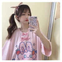Cute Pastel Pink Sweet Rabbit Crying Strawberry Print Oversized Short Sleeve Shirt Aesthetic Casual E-Girl Kawaii Korean Japanese Harajuku - Thumbnail 2