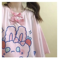 Cute Pastel Pink Sweet Rabbit Crying Strawberry Print Oversized Short Sleeve Shirt Aesthetic Casual E-Girl Kawaii Korean Japanese Harajuku - Thumbnail 3