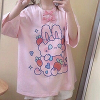 Cute Pastel Pink Sweet Rabbit Crying Strawberry Print Oversized Short Sleeve Shirt Aesthetic Casual E-Girl Kawaii Korean Japanese Harajuku - Thumbnail 4